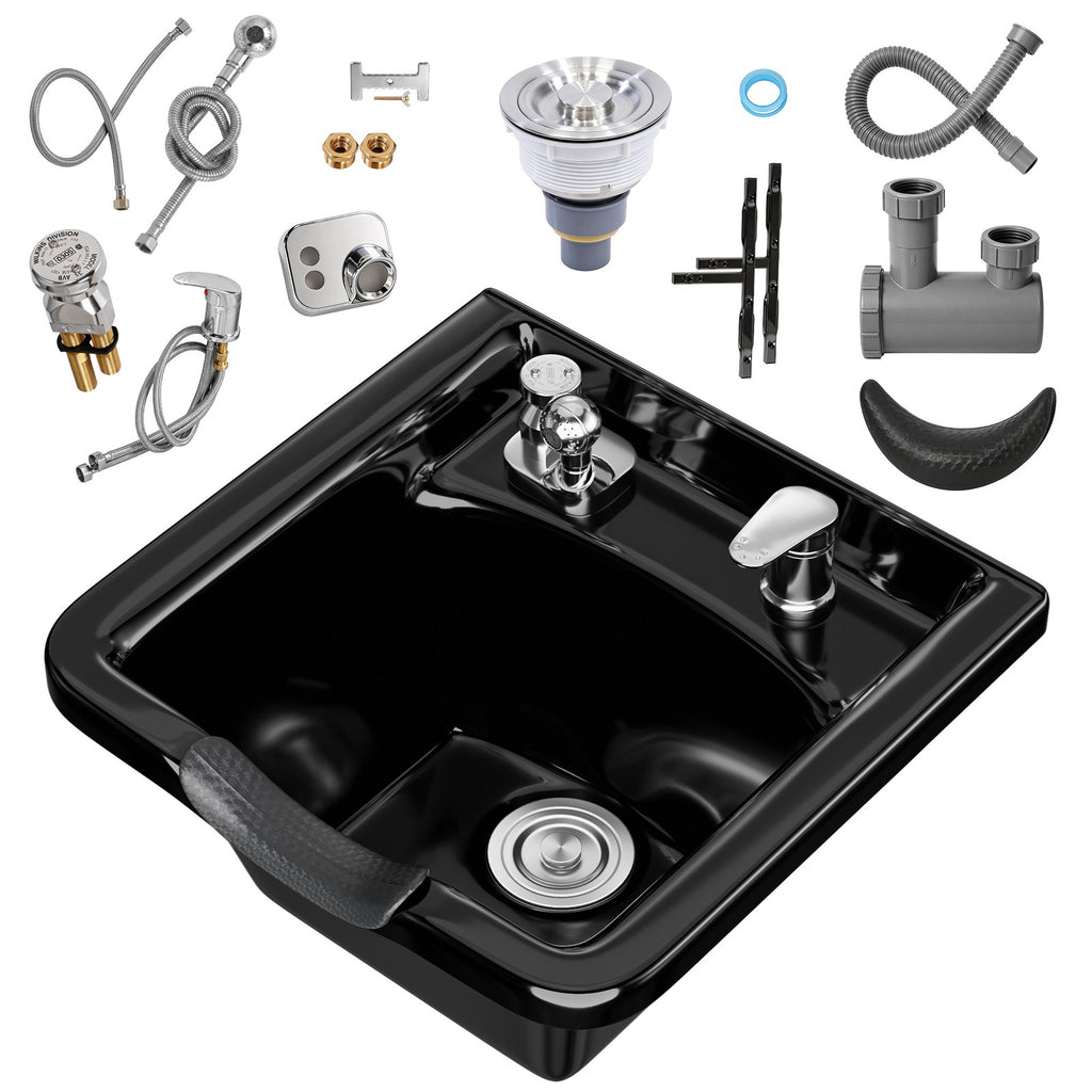 Wall Mount Shampoo Sink with Neck Rest and Accessories - Black ABS Basin