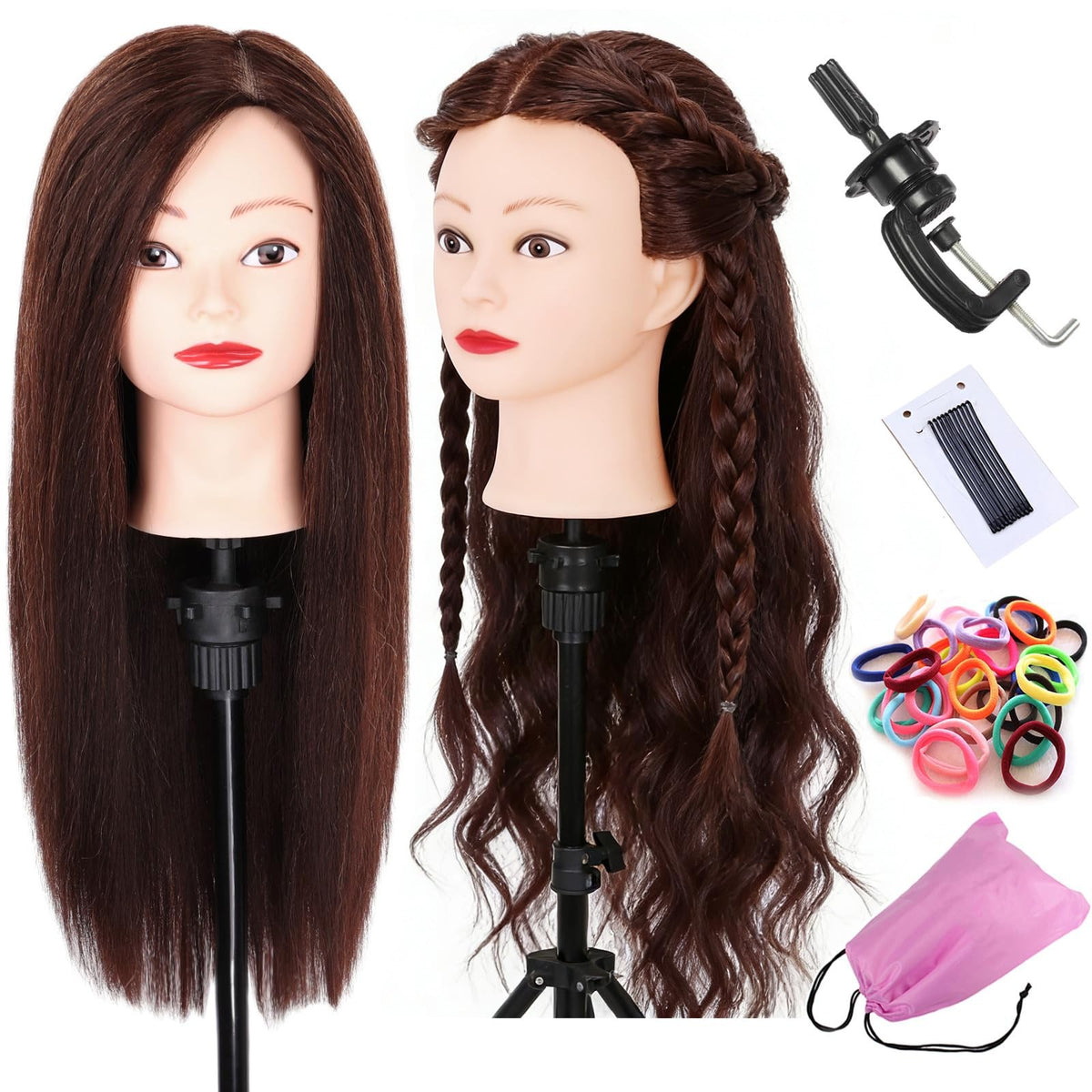 Mannequin Head with Human Hair for Hair Styling Training, Display & Practice