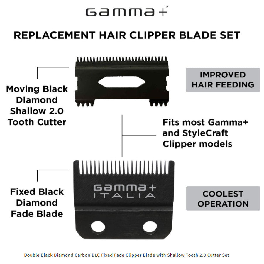 Gamma+ Double Black Diamond Carbon DLC Fixed Replacement Fade Blade for Hair Clippers