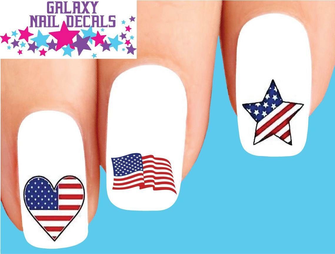 Waterslide Nail Decals Set of 20 4th of July Flag Star Heart Designs
