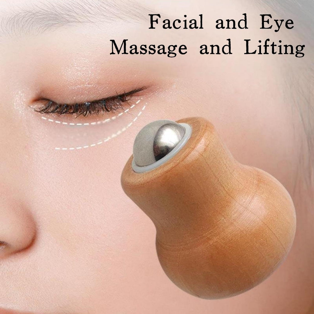 Stainless Steel Facial Massage Roller with Beech Wood Handle - Portable Skin Care Tool