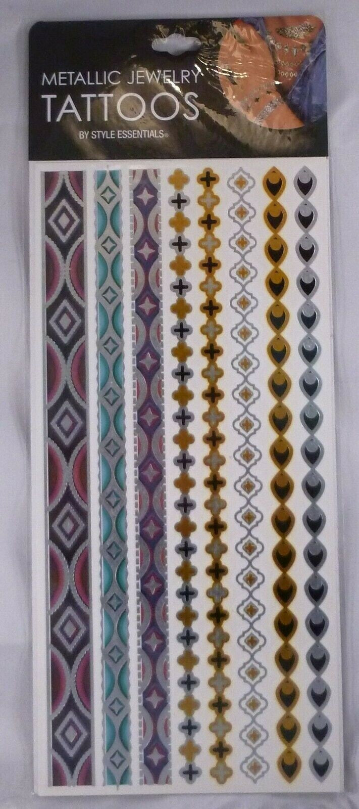 8 Big Metallic Temporary Tattoos - Gold, Silver & Maroon Bracelet Style Assortment
