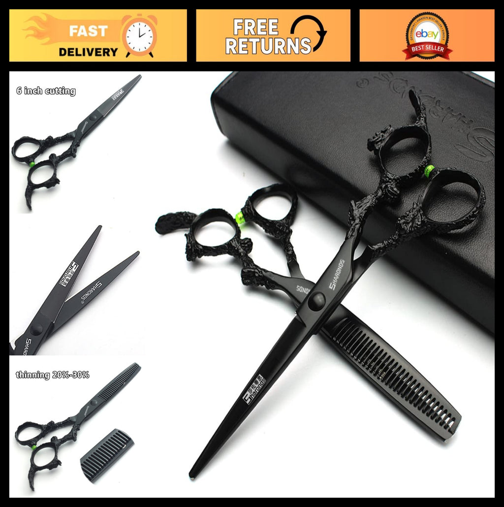6-Inch Hair Cutting & Thinning Scissors Set - Professional Barber Shears, Black Finish