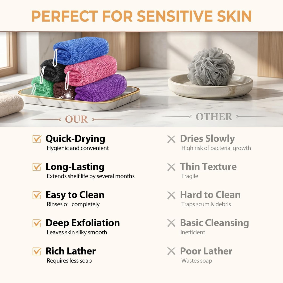6-Pack Exfoliating Shower Scrubber Mesh Nets for Body & Back Cleaning