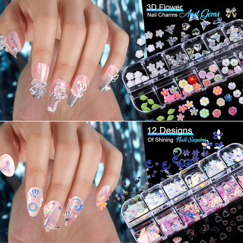 Nail Charms & Stickers Kit with Rhinestones, Pearls, Gold Charms, 20 Sheets