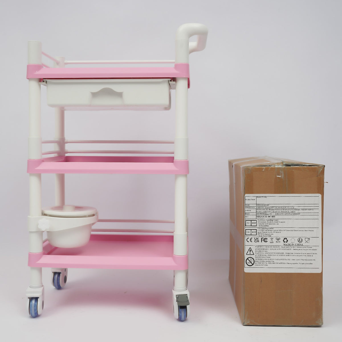 Salon Trolley Cart with 3 Tiers, Drawer & Waste Bin - Rolling Spa Organizer