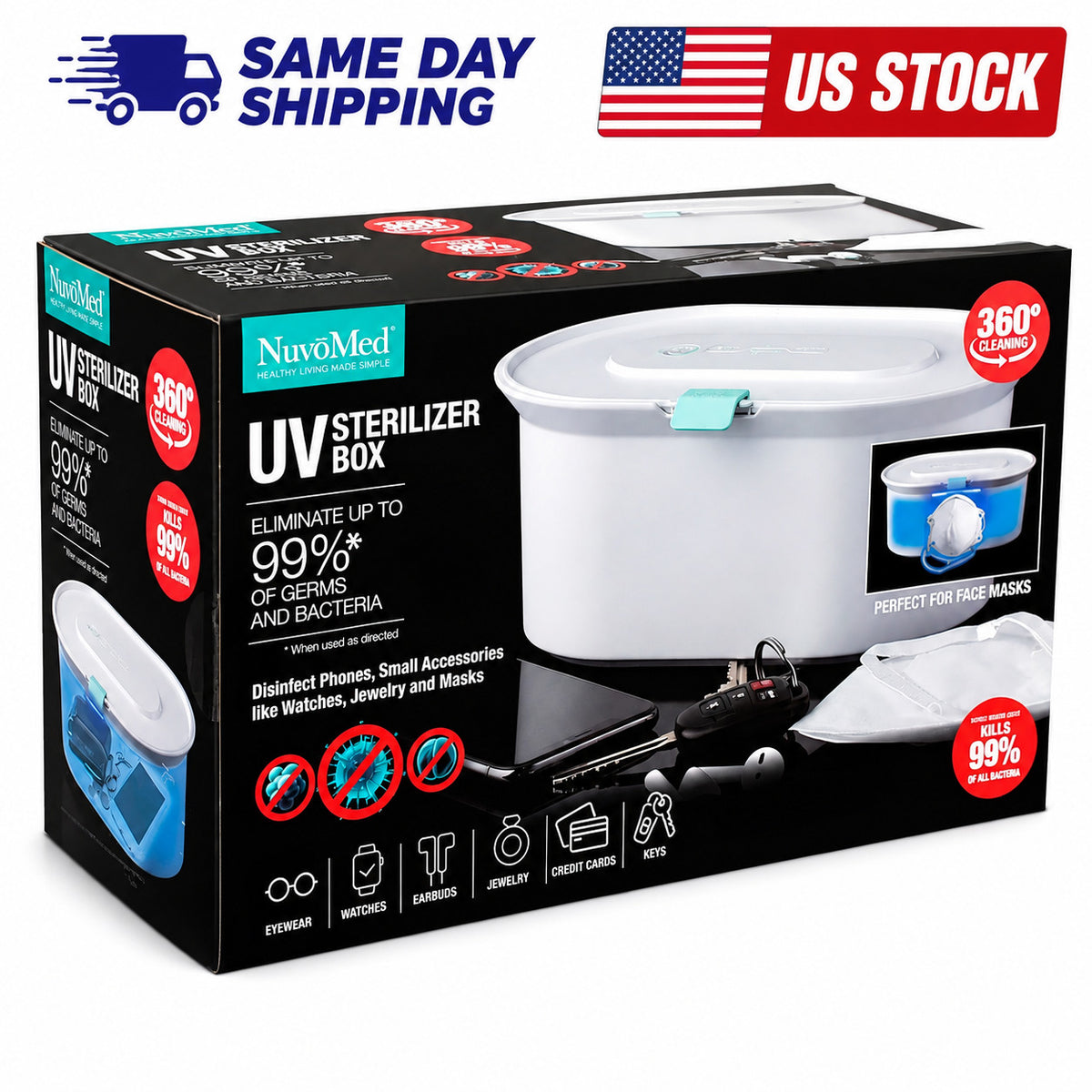 UV Sterilizer Box for Phones Jewelry and Small Accessories - 360° Germs Removal
