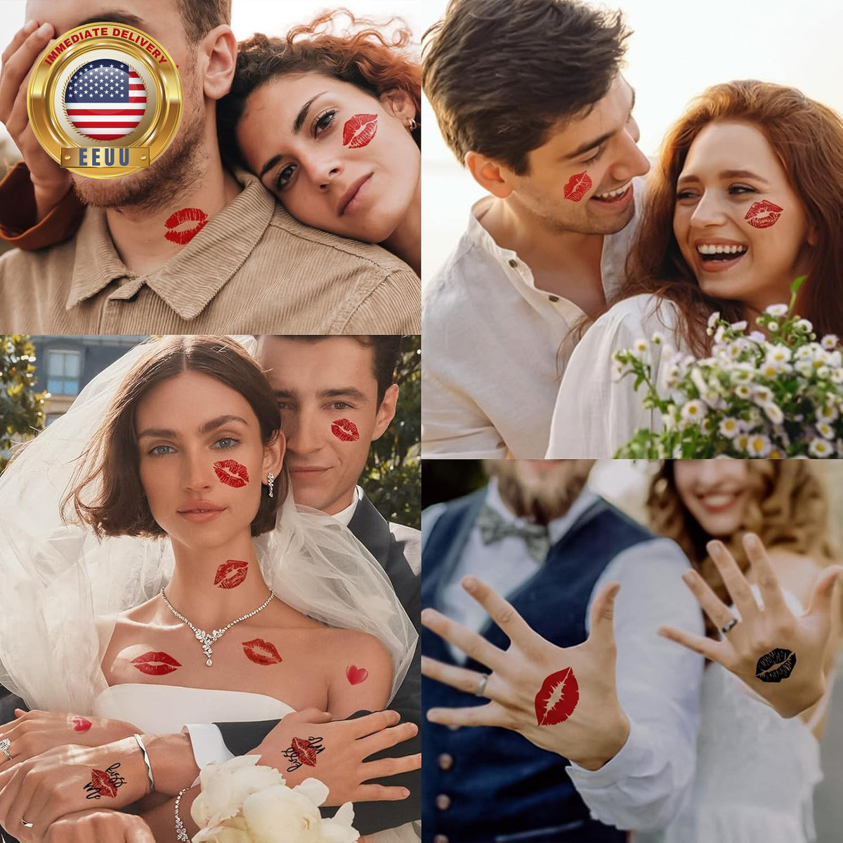 Temporary Lip Tattoo Set - 12 Sheets Red Kiss Heart Print Lip Stick Tattoos