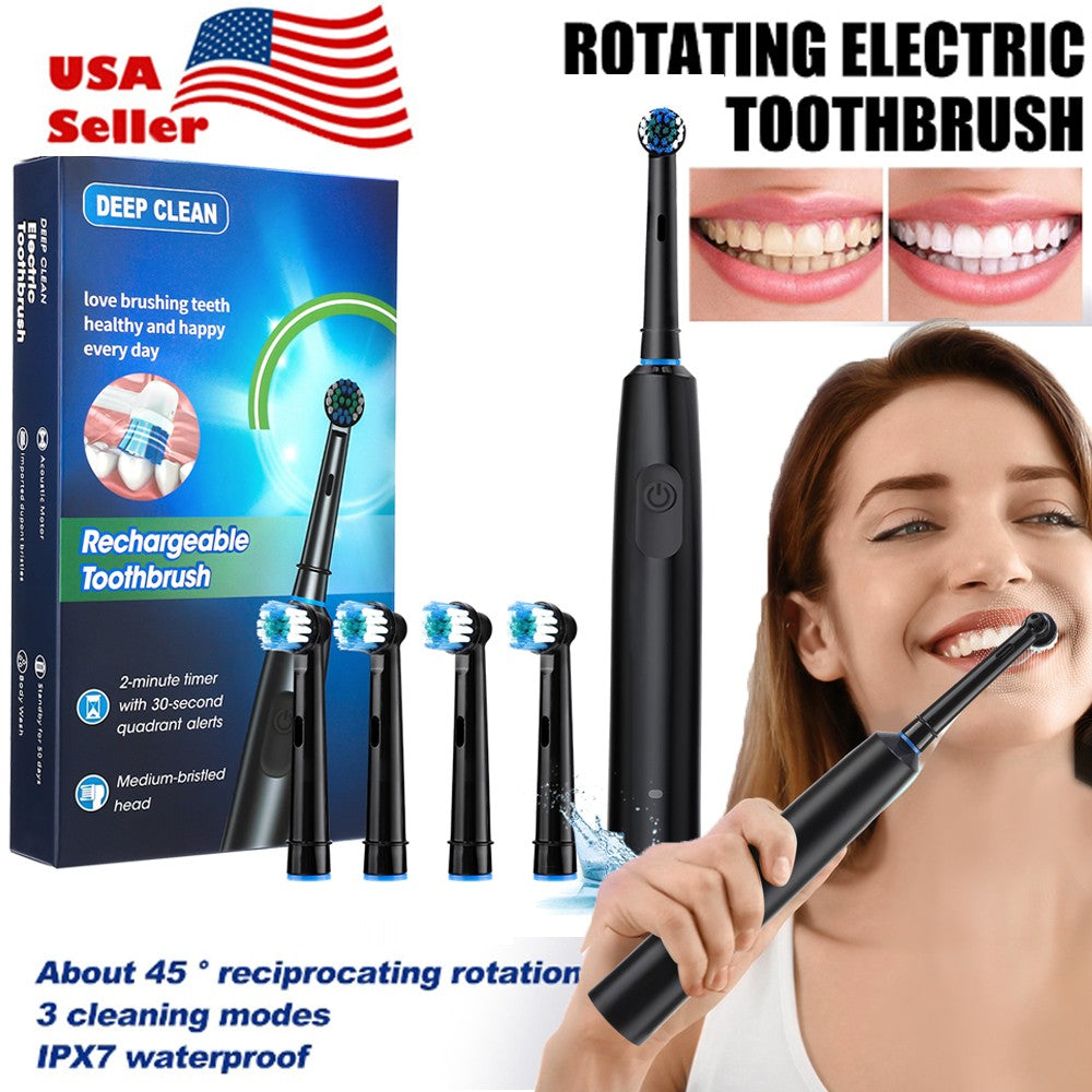 Rechargeable Electric Toothbrush with 4 Brush Heads, 5 Modes, Timer & USB