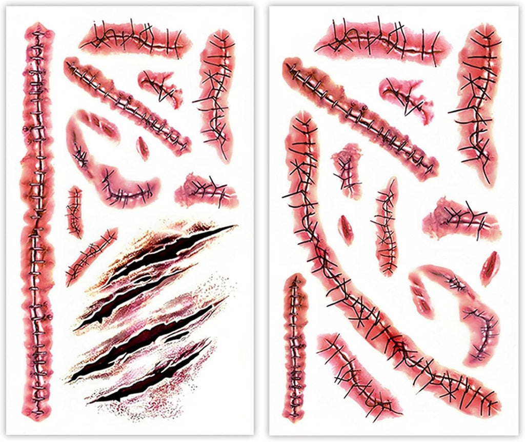 Fake Scar Temporary Tattoos 25 Sheets - Bloody Wound & Stitch Designs