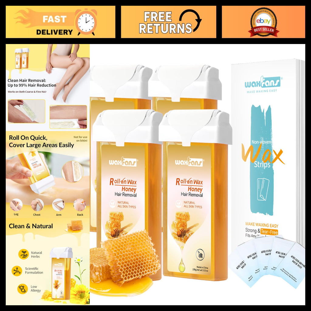 Roll-On Wax Refills for Hair Removal - Natural Honey Formula, 4 Pack
