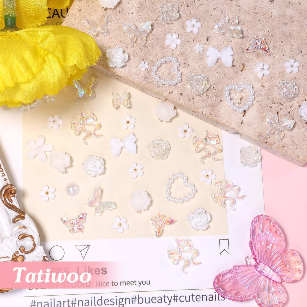 White Flower Nail Charms Set - 1000 Pcs 3D Tiny Flower & Mixed Nail Art Decorations