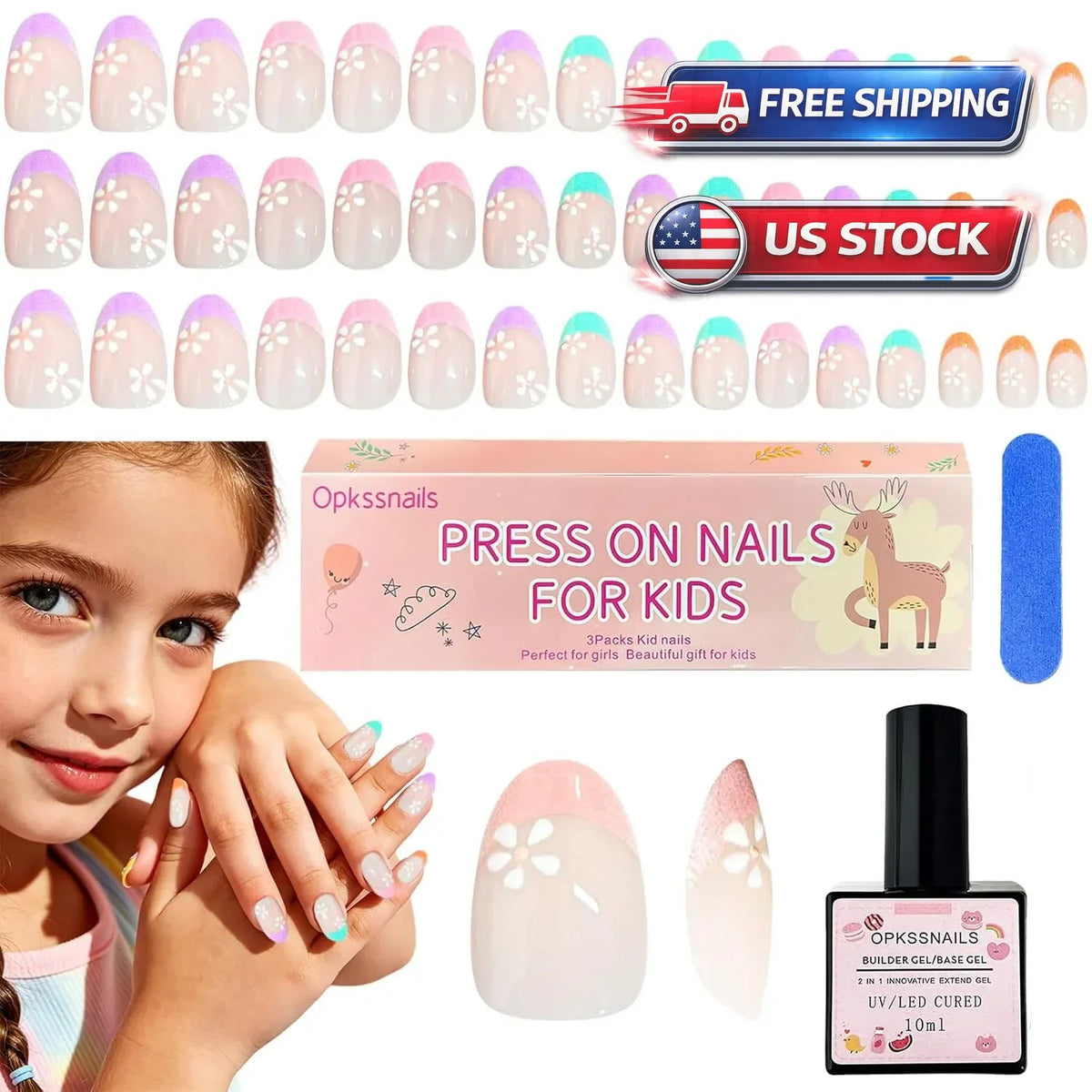 Kids Press-On Nail Kit with Glue and Files - Colorful Flower Designs, 96pcs