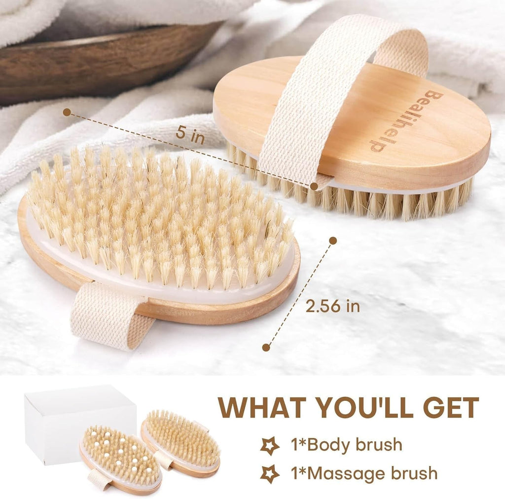 Dry Body Brush with Natural Bristle for Exfoliating & Massage - 2 Pack