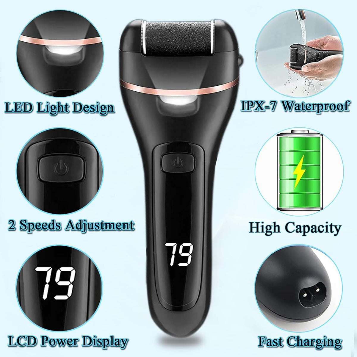 Electric Foot Callus Remover Grinder Pedicure Tool with Multiple Roller Heads