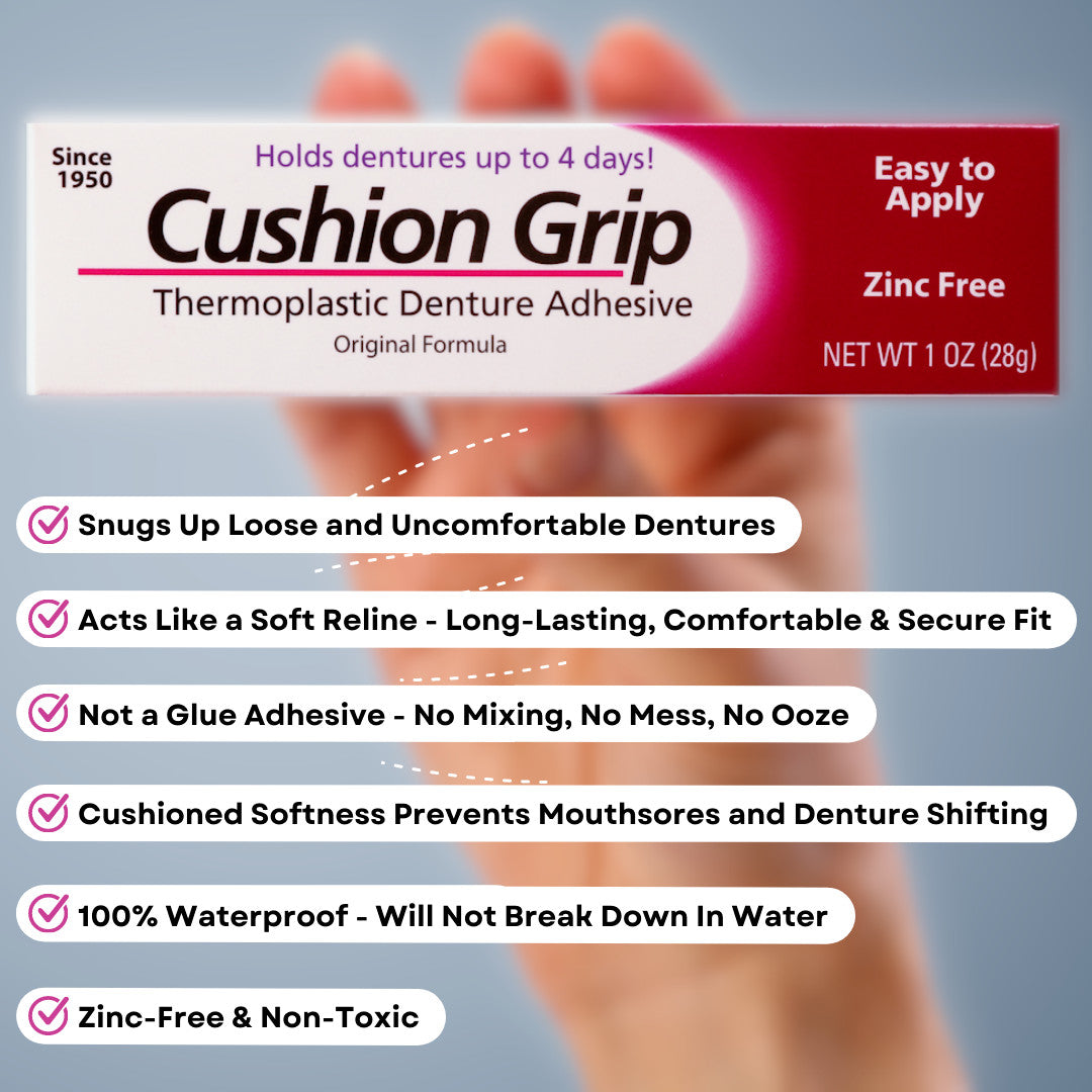 Denture Adhesive Cushion Grip 1 oz Pack of 2 - Soft, Mess-Free, Waterproof
