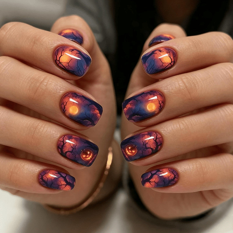 48Pcs Halloween Tree Pumpkin Short Square Press-On Fake Nails