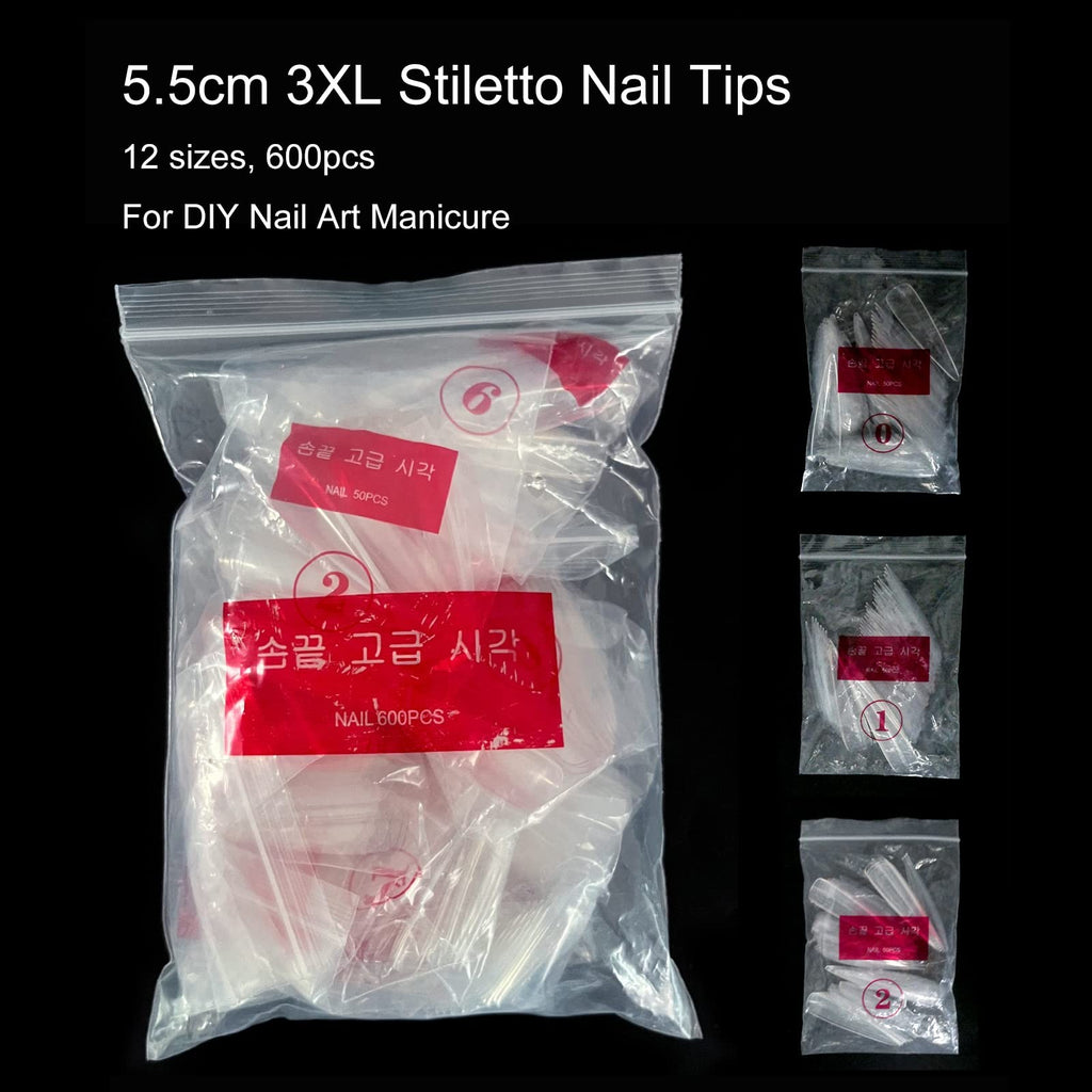 600Pcs XXXL Clear Stiletto Nail Tips Long Full Cover Fake Nails