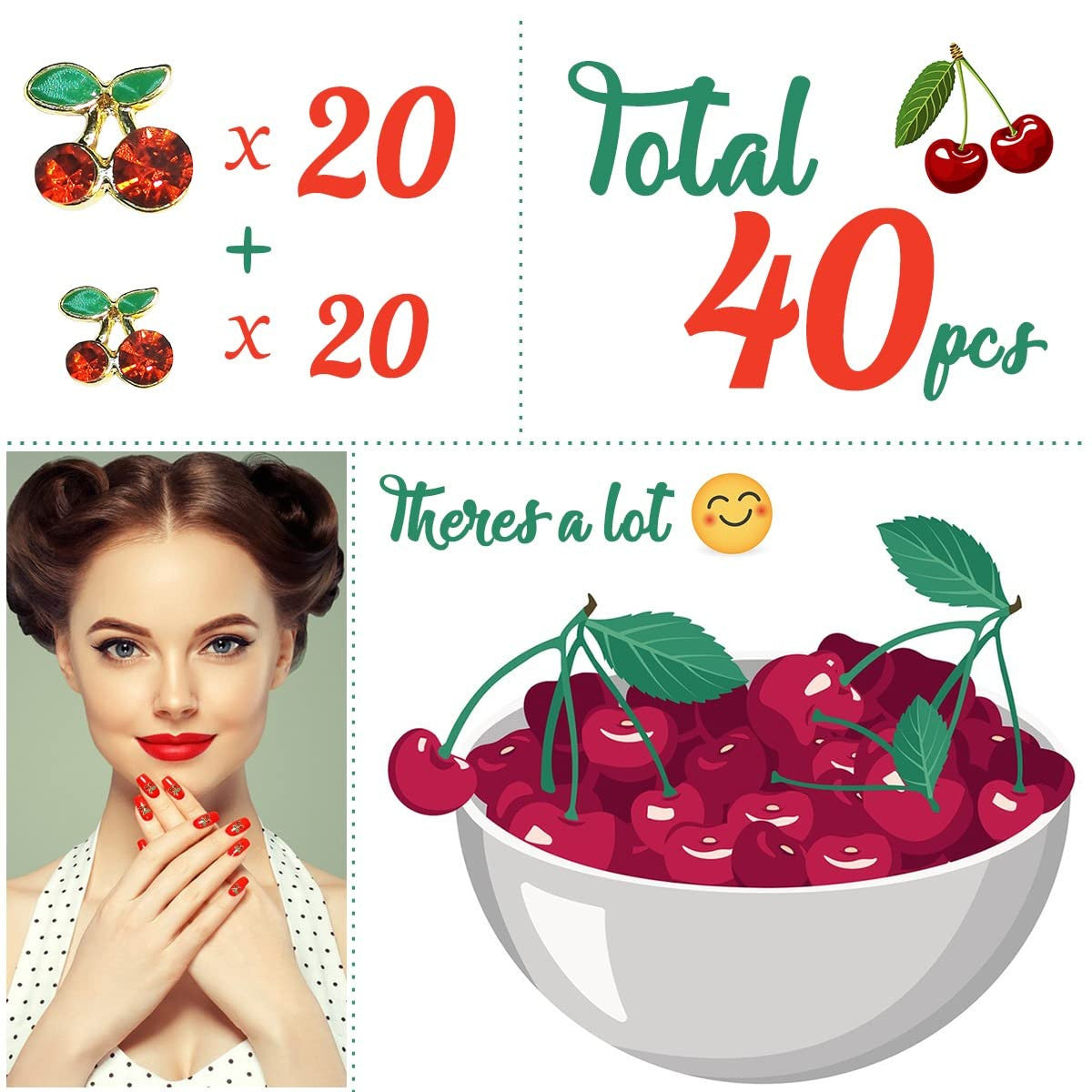 40Pcs 3D Cherry Nail Charms Rhinestones Glitter Gems for Nail Art & Manicure