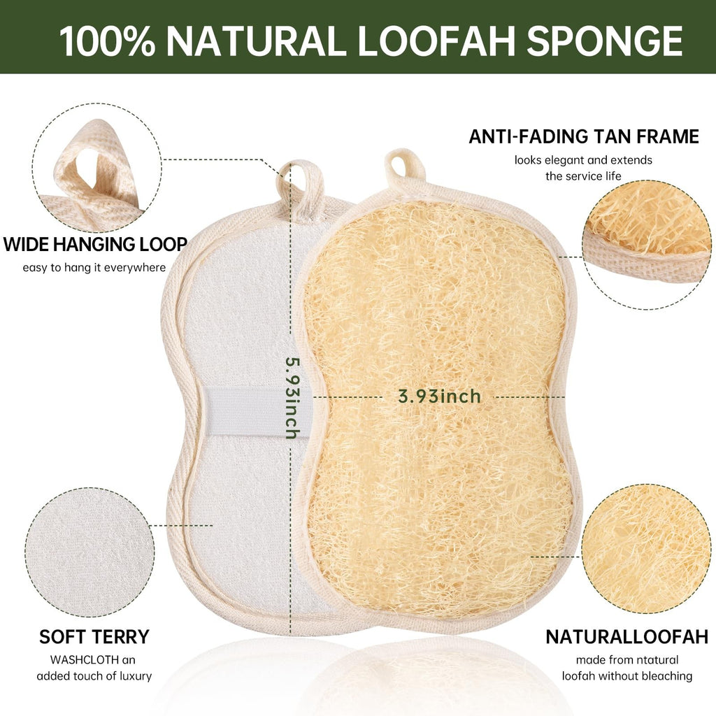 Natural Loofah Exfoliating Body Scrubber 3 Pack - Reusable & Gentle