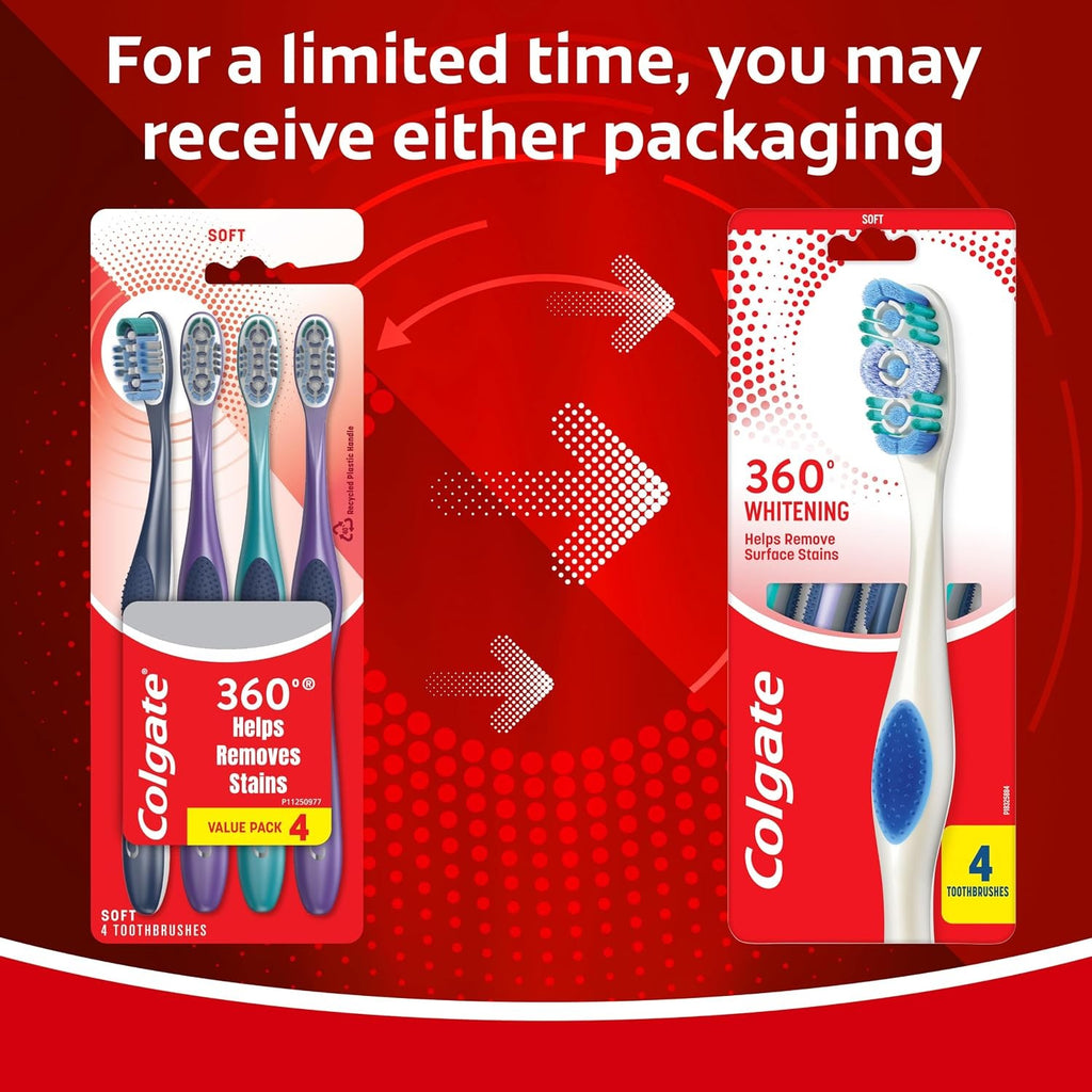 4 Pack Soft Adult Whitening Toothbrushes with Tongue & Cheek Cleaners