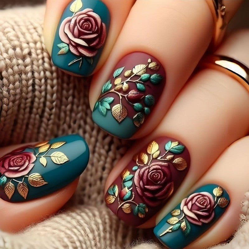 48Pcs Short Square Press-On Nails Set - Teal Burgundy Rose Gold