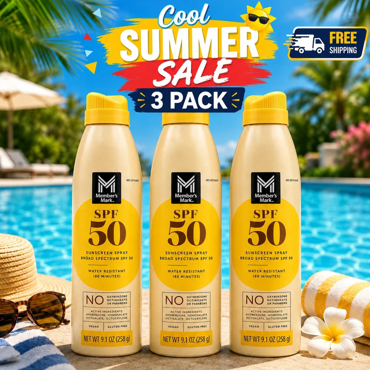 SPF 50 Sunscreen Spray 3-Pack - Water-Resistant Broad Spectrum UV Protection
