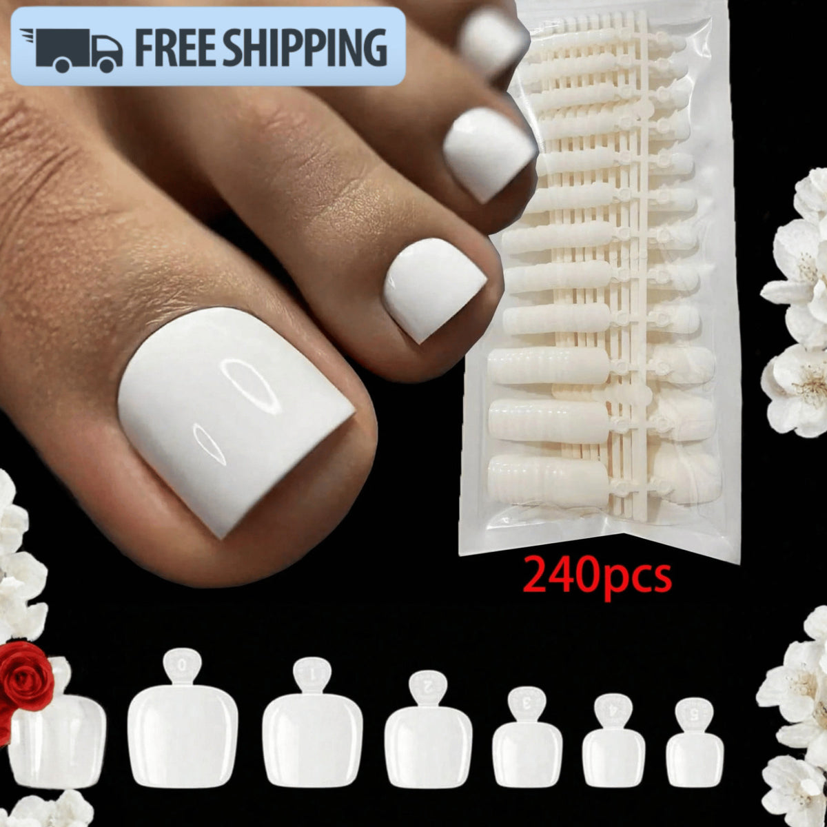 False Toenail Tips Set - 240 White Full Cover Press-On Nails for DIY & Salon Use