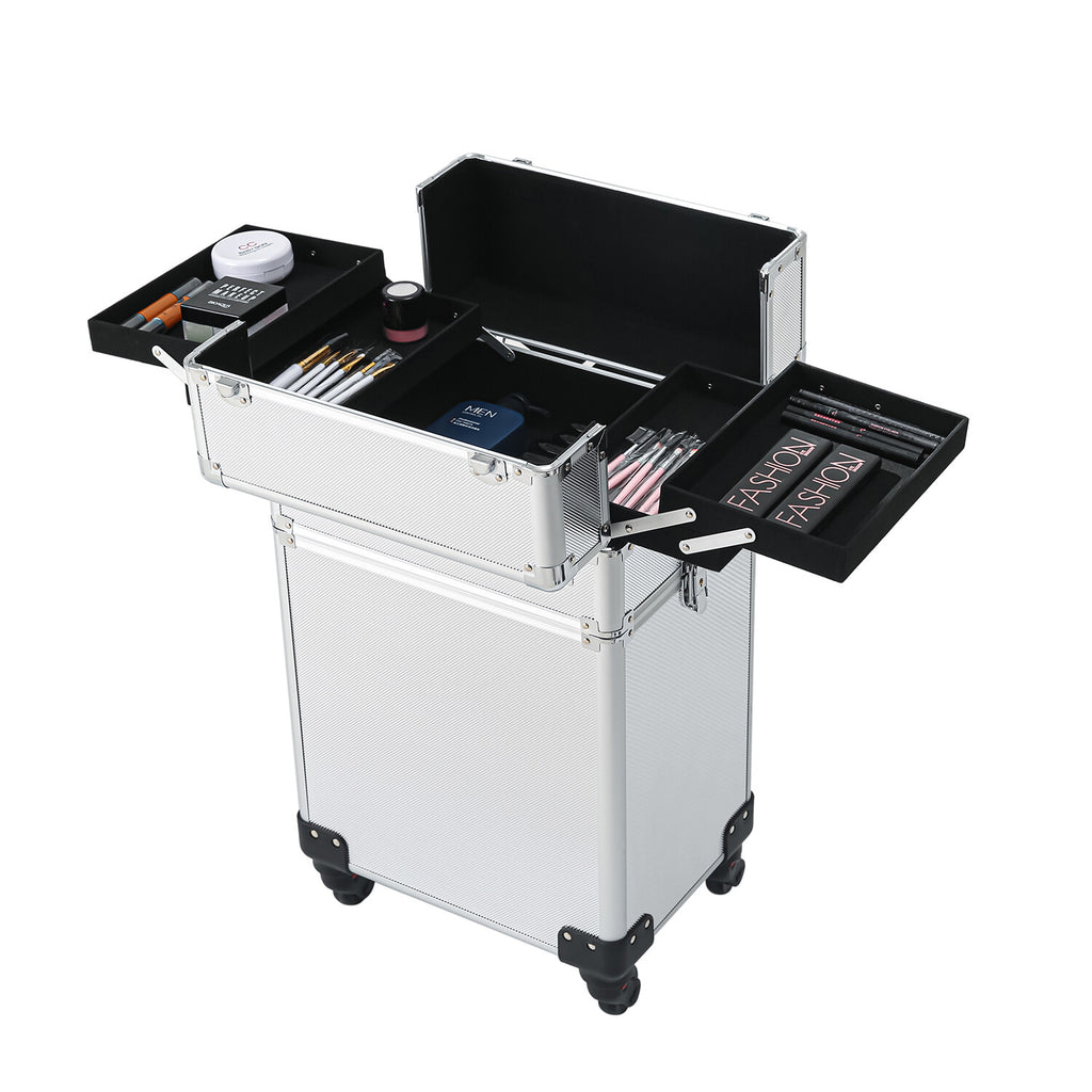 4-in-1 Aluminum Rolling Makeup Train Case with Drawers and Wheels