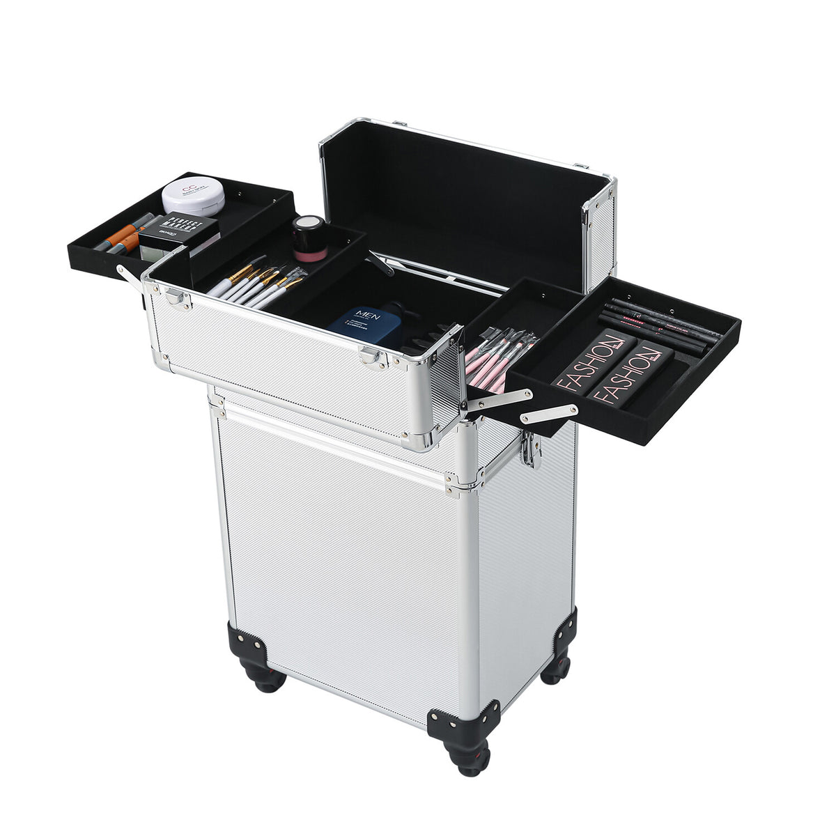 4-in-1 Aluminum Rolling Makeup Train Case with Drawers and Wheels