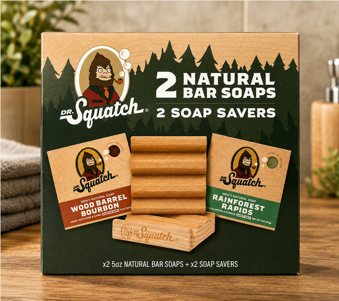 Natural Bar Soap Gift Set with Wooden Savers - Bourbon & Rainforest Scents