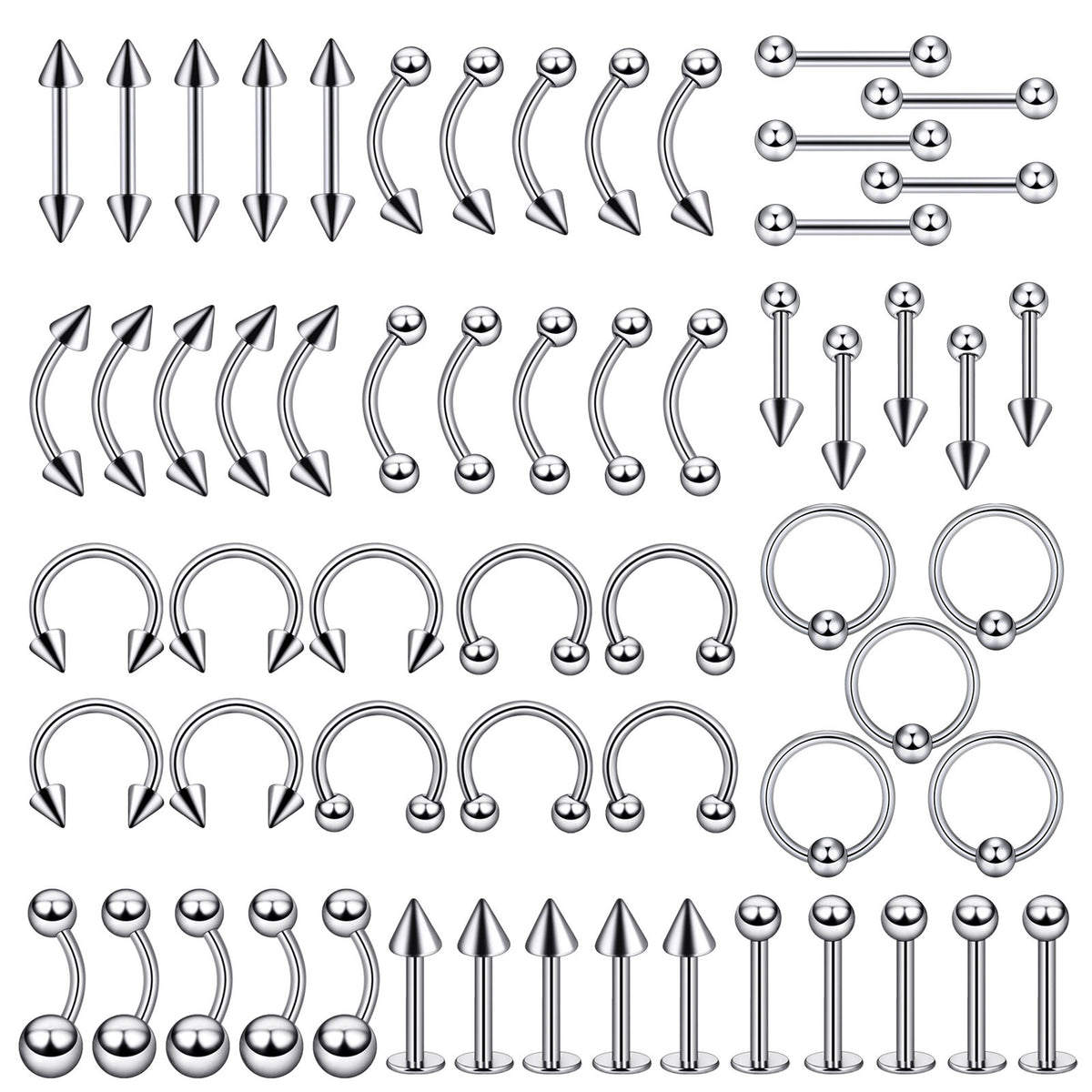 39+ Pc Piercing Kit - 14G/16G Stainless Steel Nipple, Belly, Tongue, Nose & Lip Jewelry Set