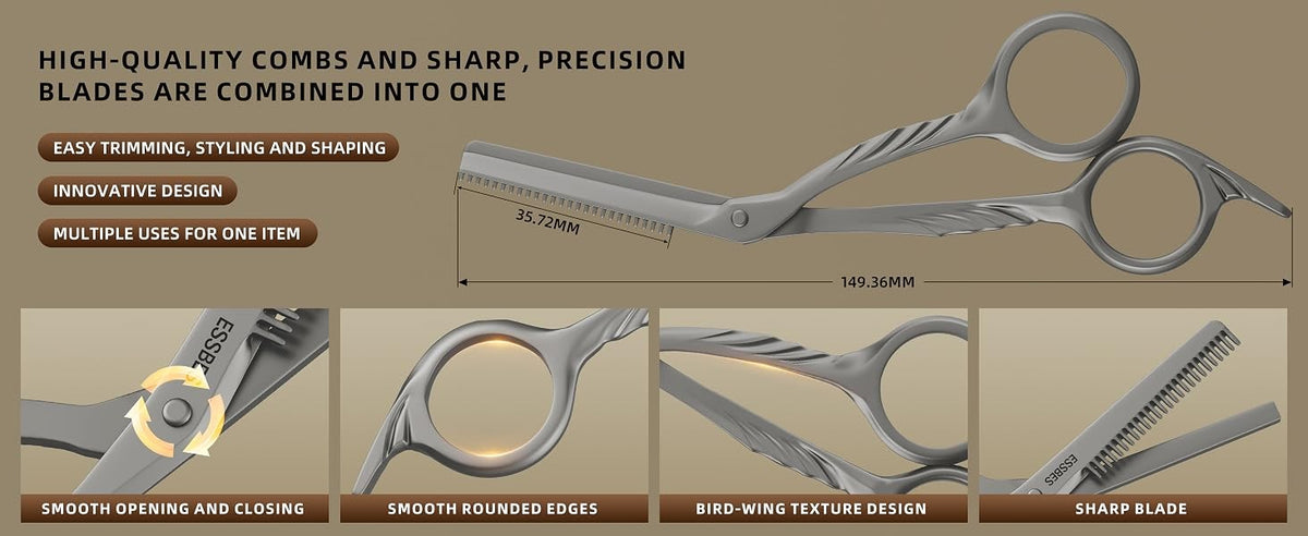 Beard Scissors with Comb - Mustache, Eyebrow Grooming Kit, Precise Trimming