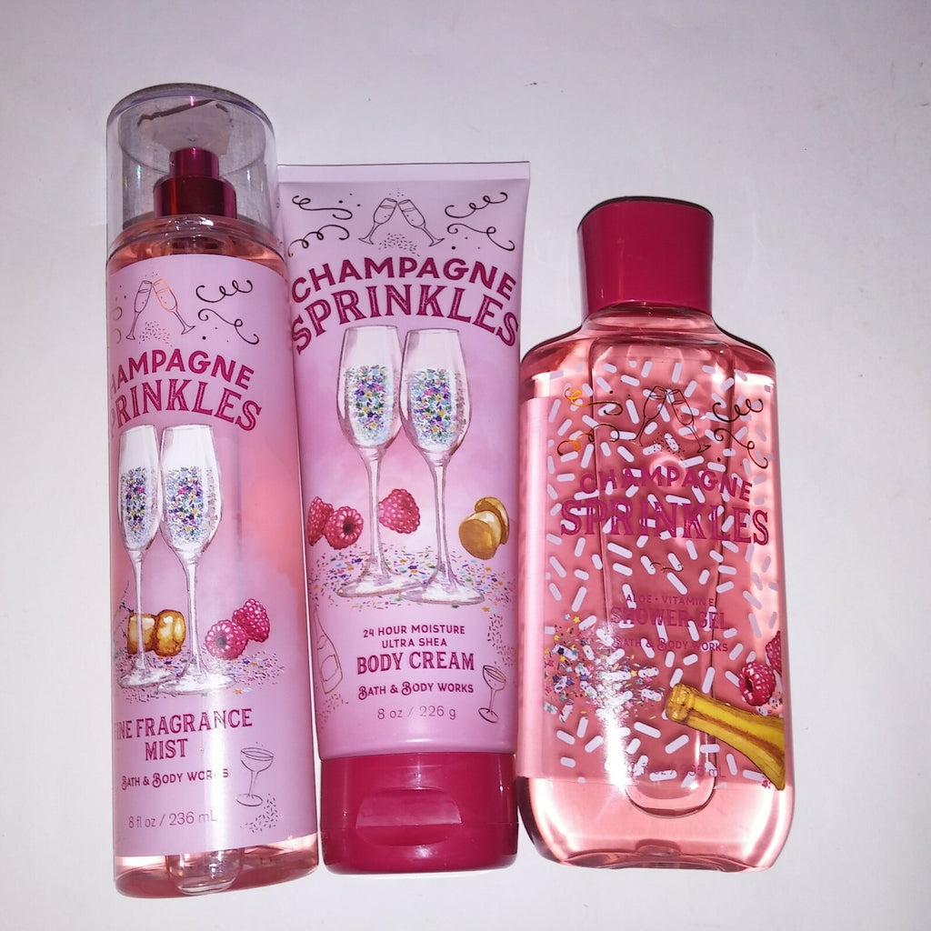 Set of 3 Bath & Body Works Body Cream Lotion Shower Gel & Spray Champagne Sprinkles