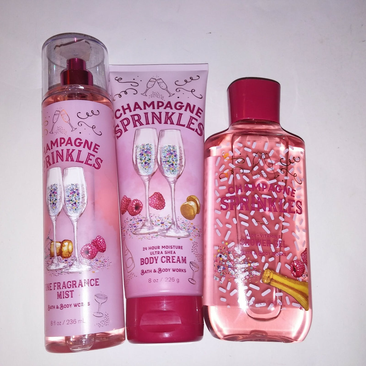 Set of 3 Bath & Body Works Body Cream Lotion Shower Gel & Spray Champagne Sprinkles