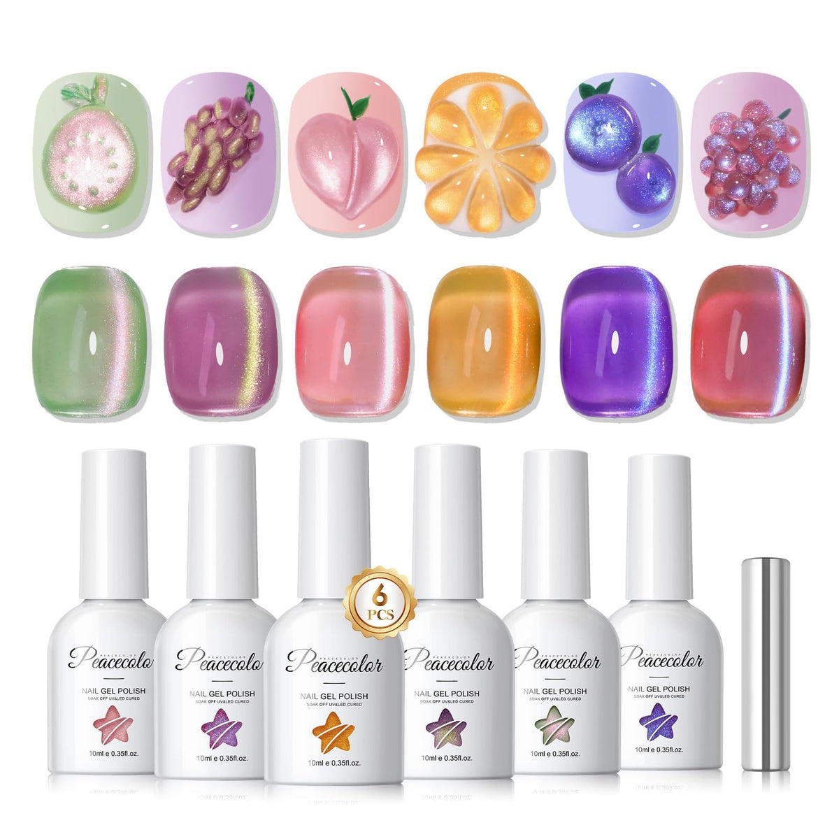 Gel Nail Polish Set with Cat Eye Effect - 6 Vibrant Colors, Long-Lasting, Magnetic Finish