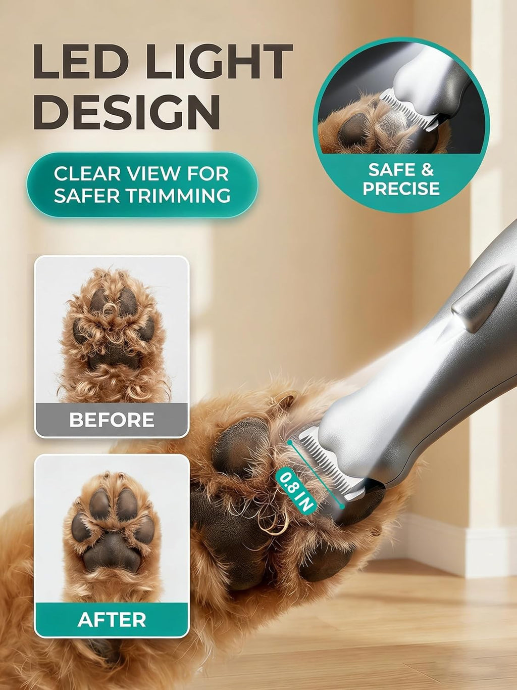 Cordless Dog Paw Trimmer with LED Light, Quiet Pet Grooming Tool