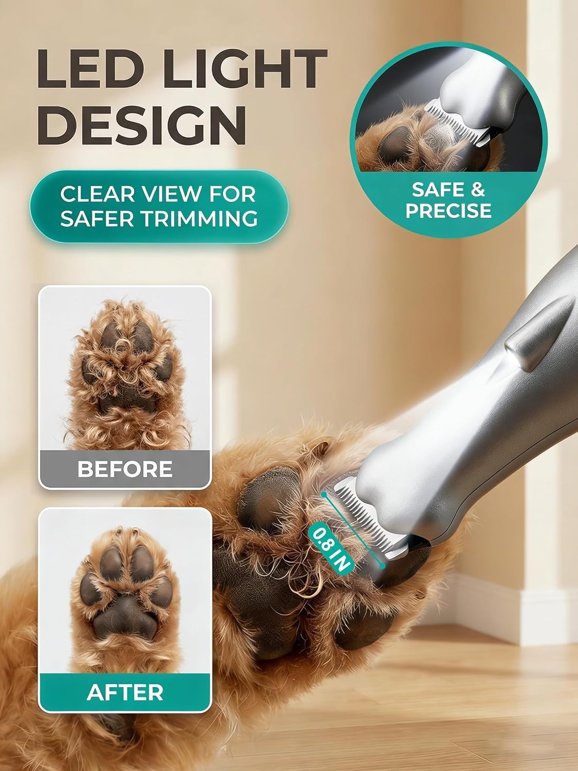 Cordless Dog Paw Trimmer with LED Light, Quiet Pet Grooming Tool