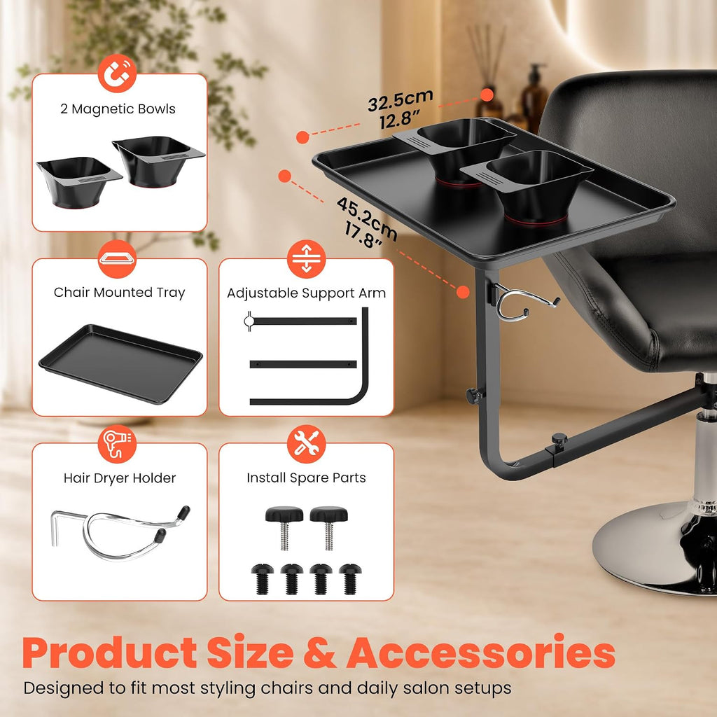 Chair Mounted Hair Tray with Magnetic Bowls and Dryer Holder for Salon & Barber