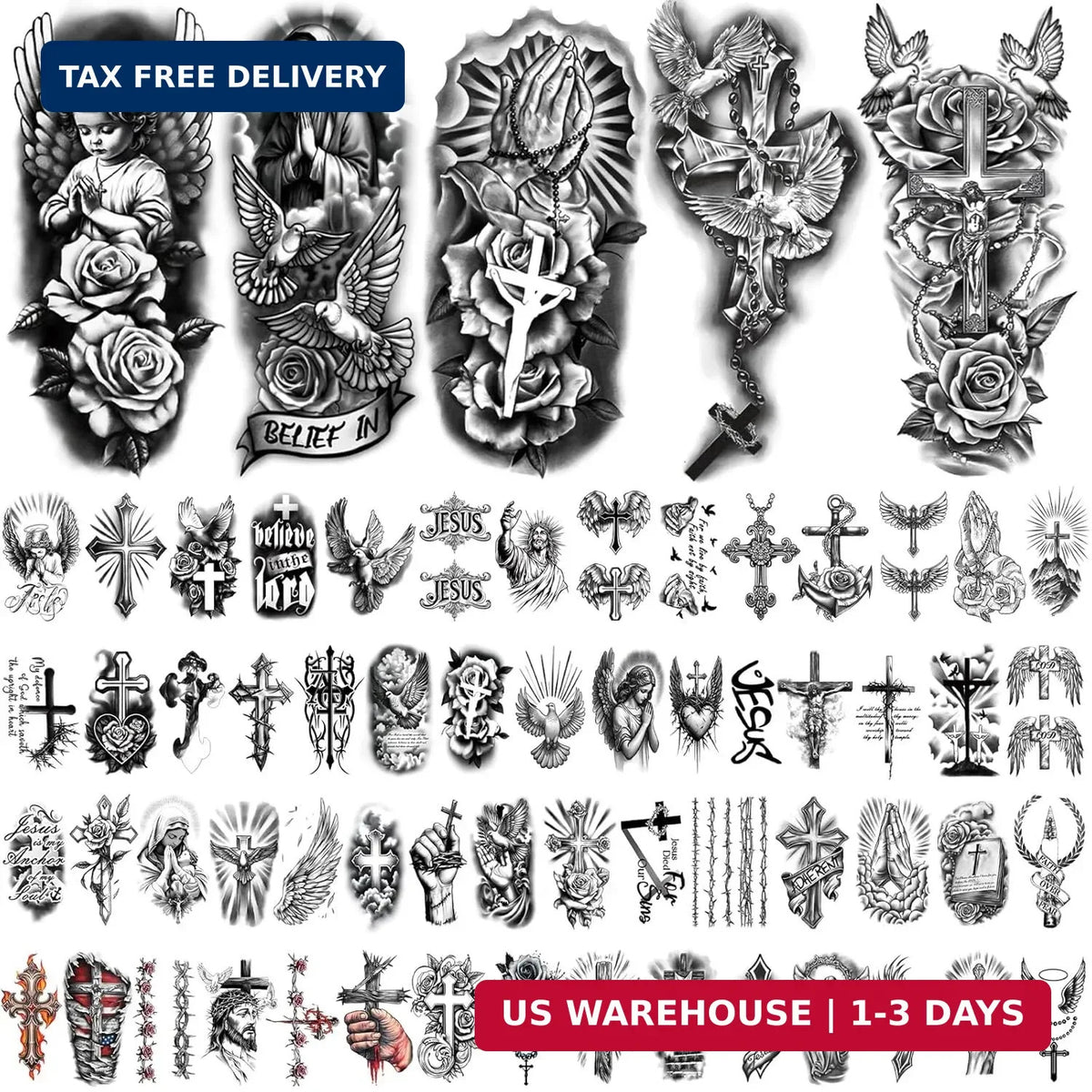 Christian Temporary Tattoos 77 Sheets - Cross, Jesus & Angels Religious Body Art