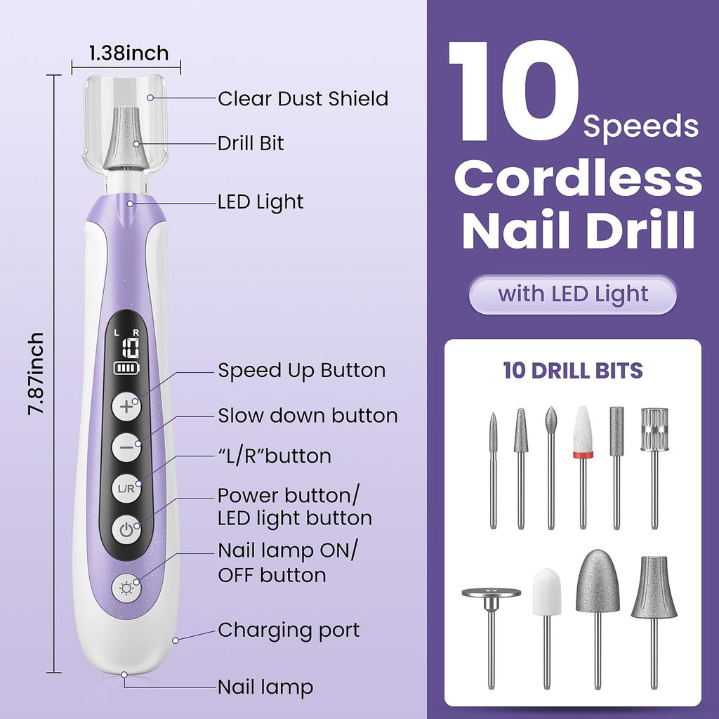 Cordless Electric Nail Drill Kit for Manicure Pedicure Thick Toenails 10-Speed