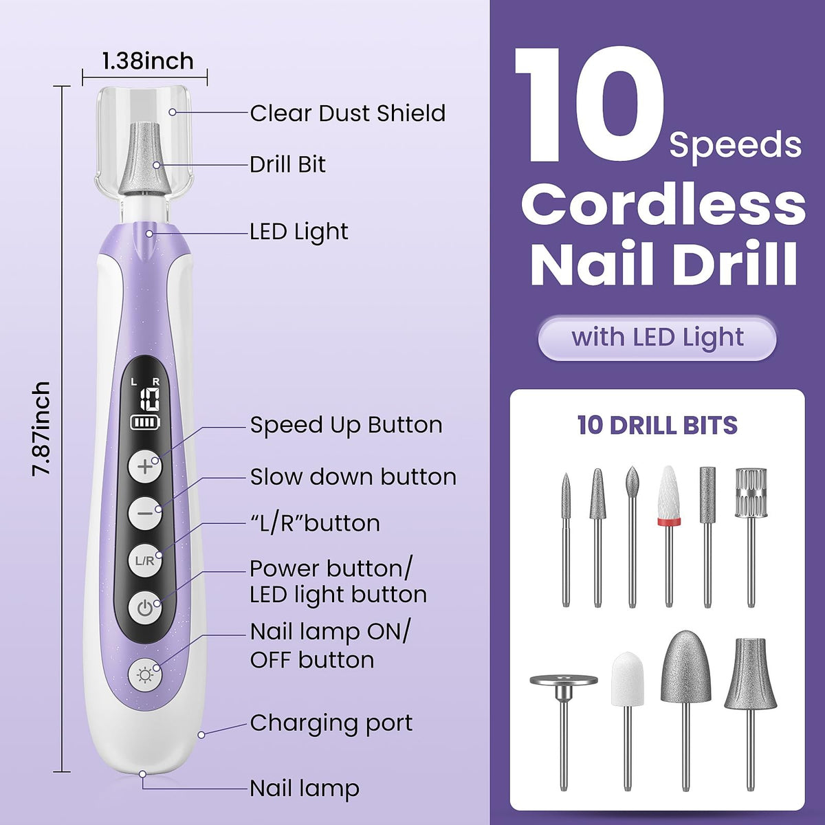 Cordless Electric Nail Drill Kit for Manicure Pedicure Thick Toenails 10-Speed