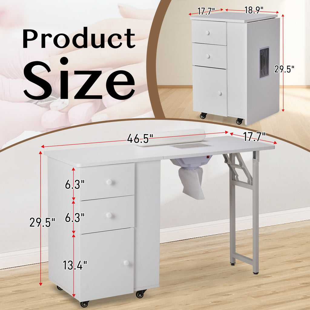 Foldable Manicure Table with Lockable Wheels & Built-in Storage