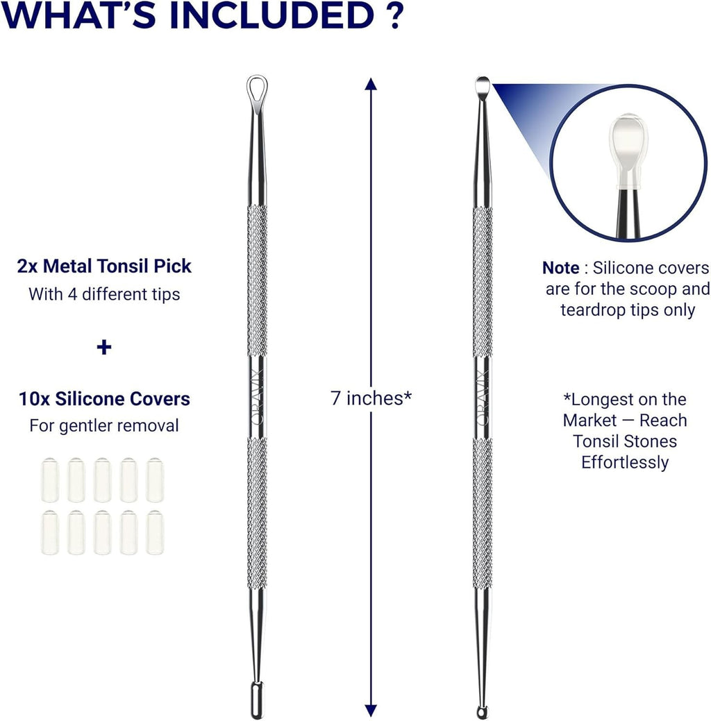 Tonsil Stone Removal Kit with Stainless Steel Picks & Silicone Tips - Safe Oral Hygiene Tool