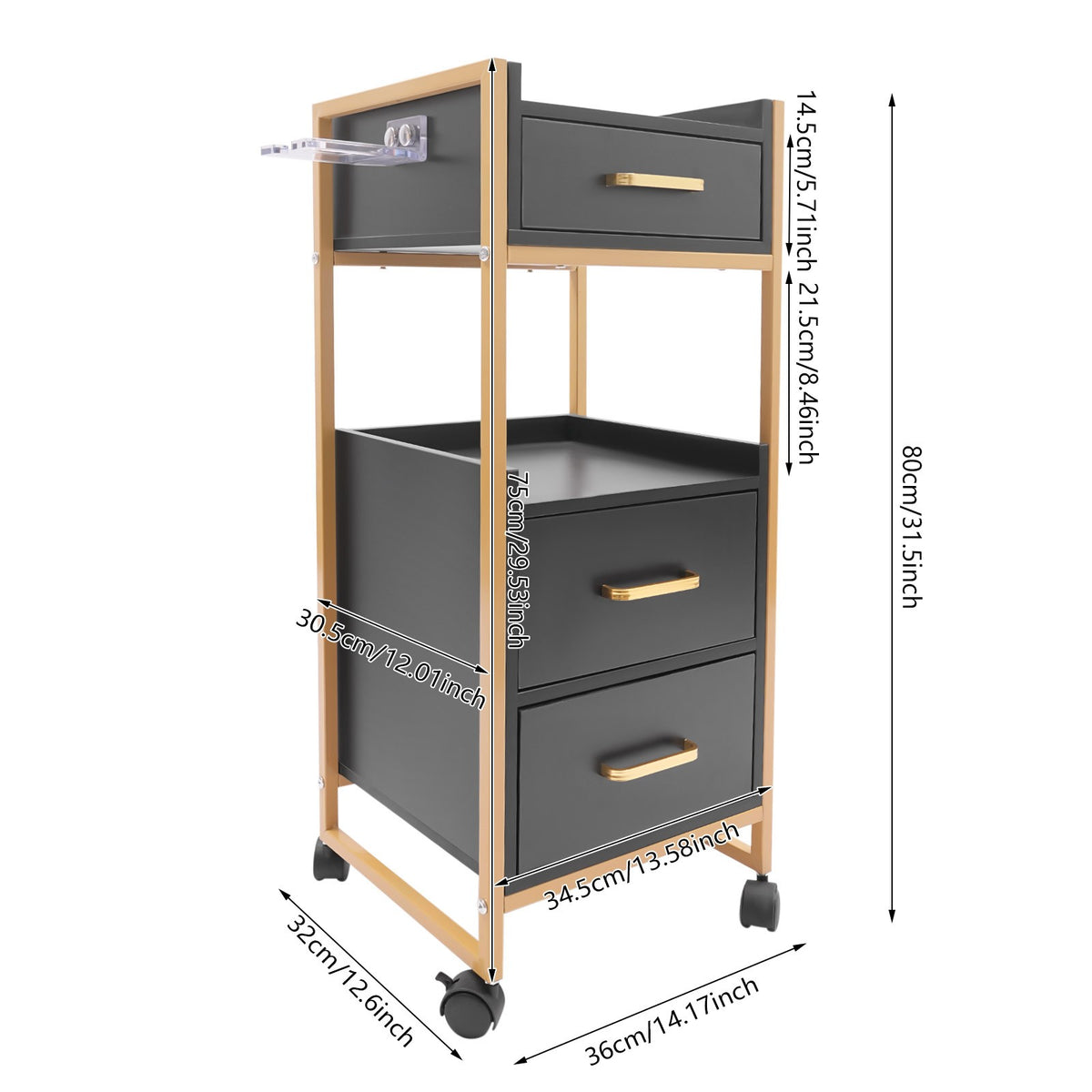 Salon Mobile Trolley Cart with 3 Drawers & Dryer Holder - Hairstylist Storage