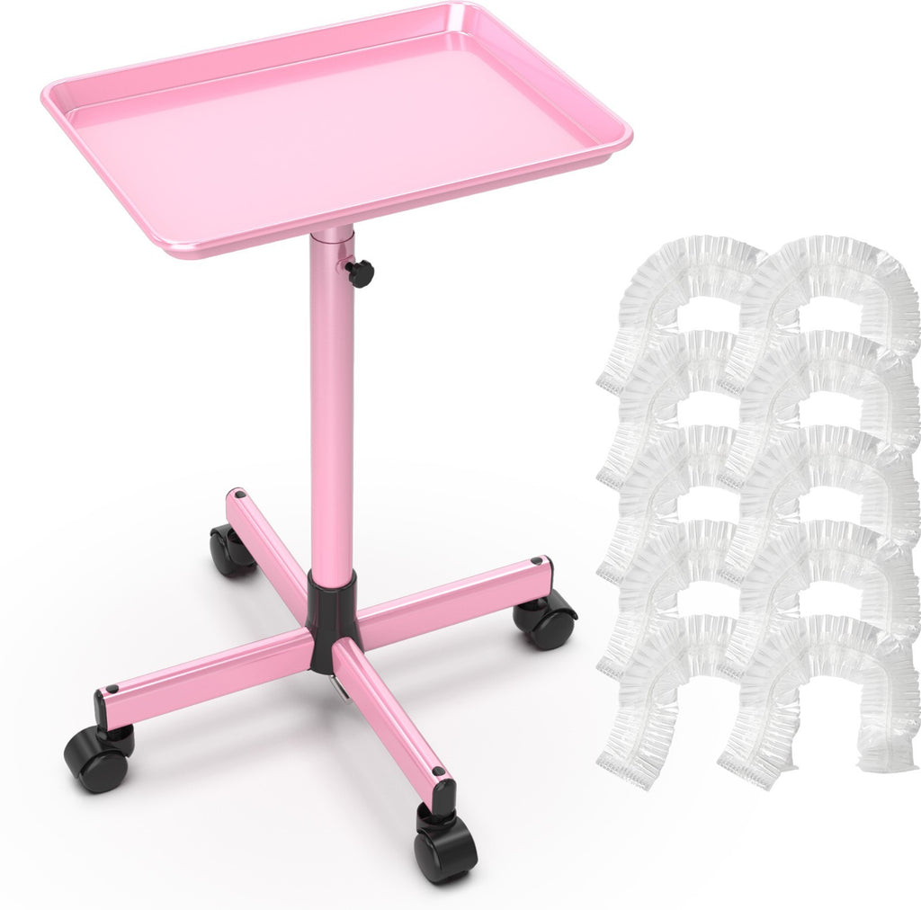 Adjustable Salon Trolley Cart on Wheels Pink Aluminum Mobile Service Tray