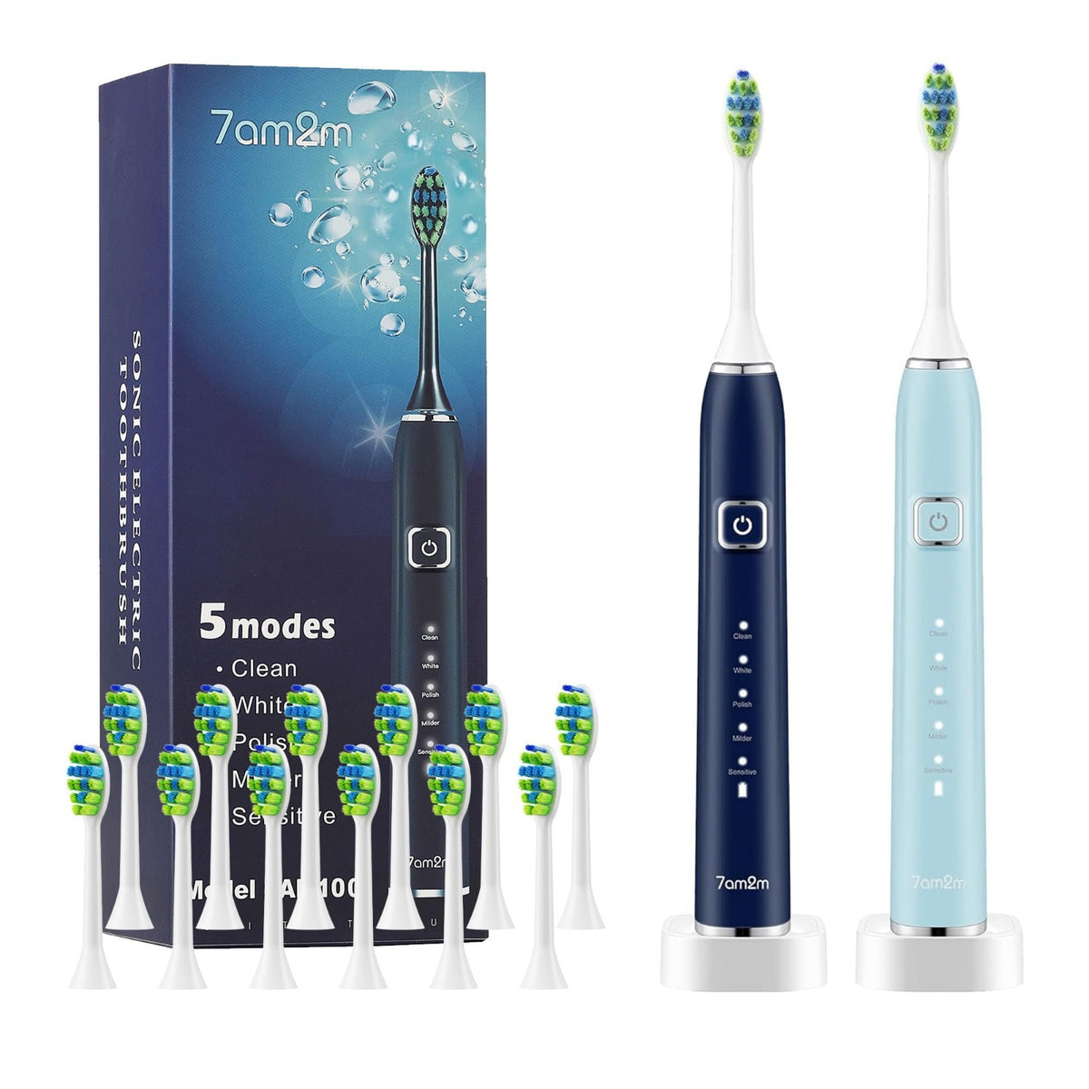 Electric Sonic Toothbrush Set for Adults & Kids - 12 Brush Heads, 2 Pack
