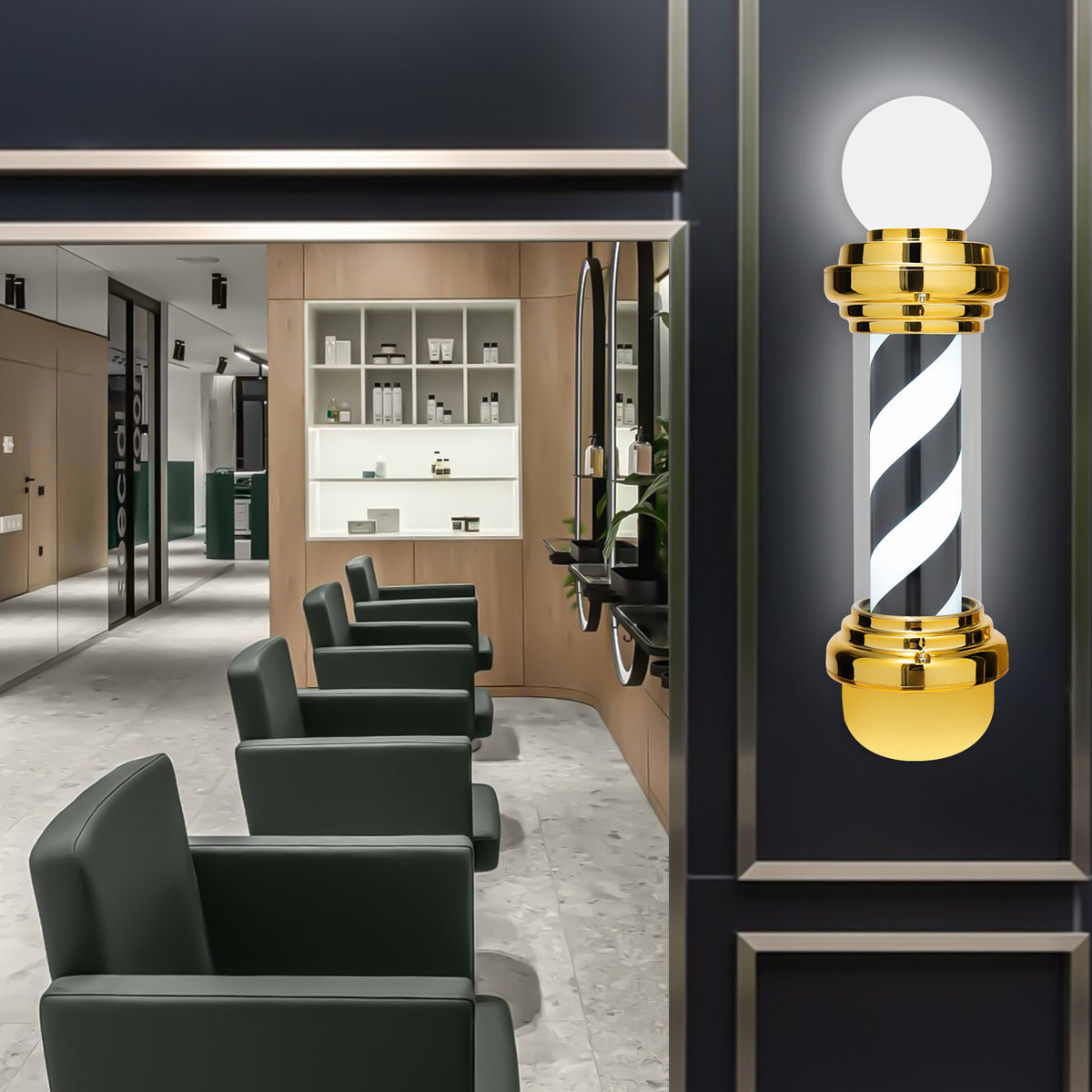 Waterproof LED Barber Pole Light with Rotating Sign for Hair Salon - Black, White, Gold