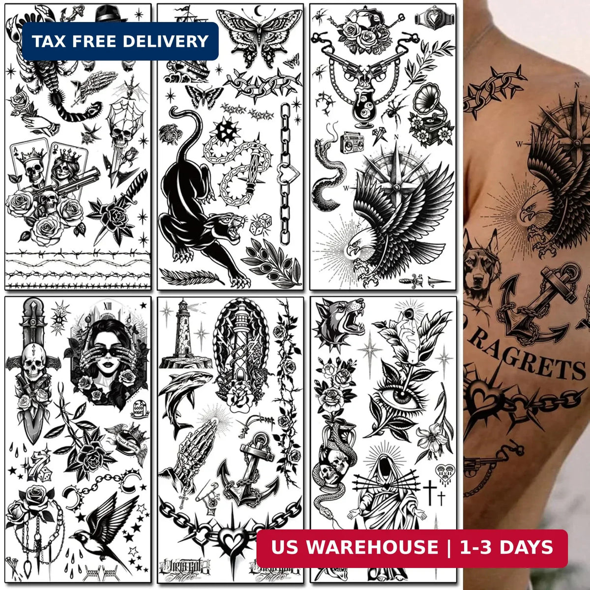 Traditional Black Old School Temporary Tattoos for Adults - 300+ PCS, Waterproof Half Arm Designs