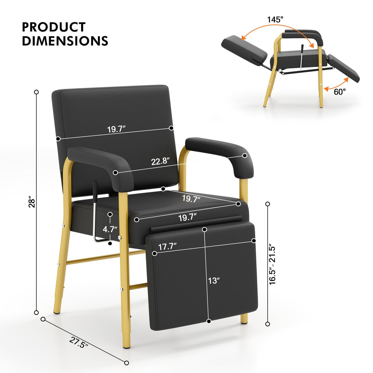 Black and Gold Reclining Barber Shampoo Chair with Support Legs for Salon Spa